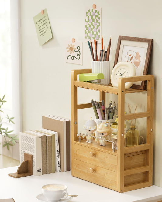 2-Tier Bamboo Bathroom Counter Organizer with Drawers