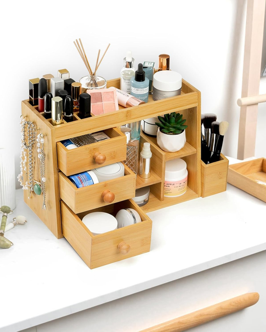 Large Bamboo Makeup Organizer with 3 Drawers