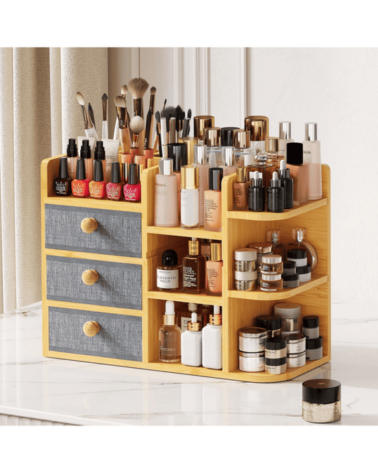 Large Bamboo Makeup Organizer with 3 Drawers and 10 Compartments
