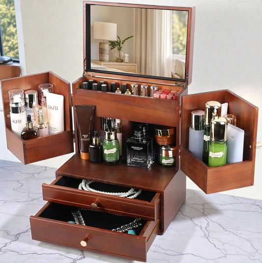 Wooden Makeup Organizer with Drawers & Mirror – Luxury Skincare Storage Vanity Box