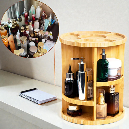 Rotating Bamboo Makeup Organizer 360° Adjustable Cosmetic Storage Carousel Large Capacity Vanity Holder