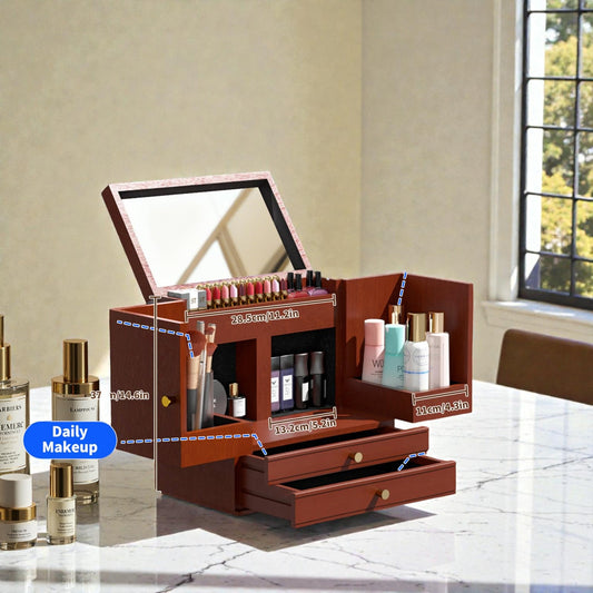 Wooden Makeup Organizer with Drawers & Mirror – Luxury Skincare Storage Vanity Box