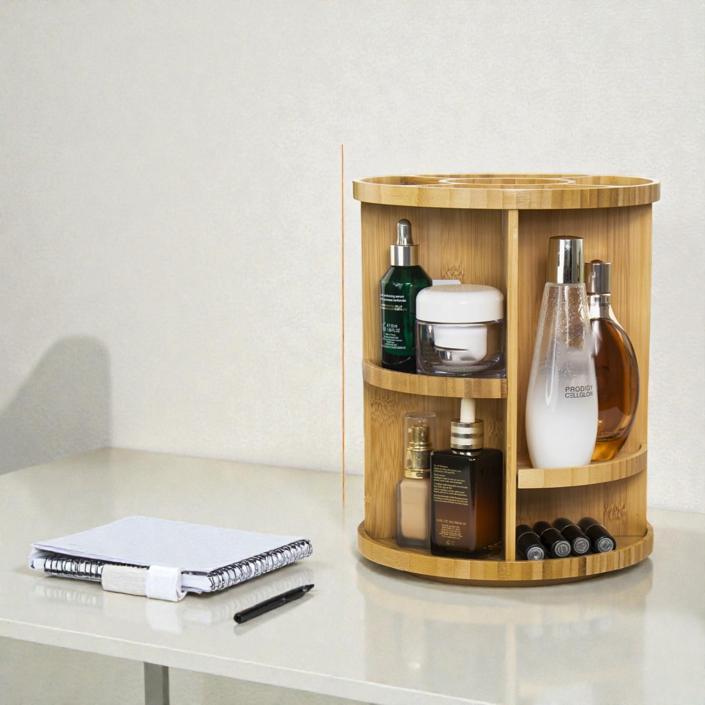 Rotating Bamboo Makeup Organizer 360° Adjustable Cosmetic Storage Carousel Large Capacity Vanity Holder