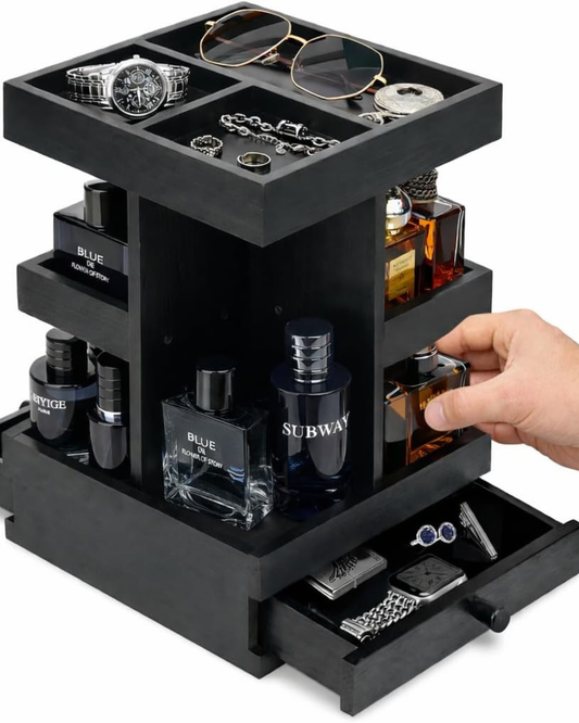 Rotating Cologne Organizer for Men – Black Wooden Perfume Stand with Dual Drawers 1