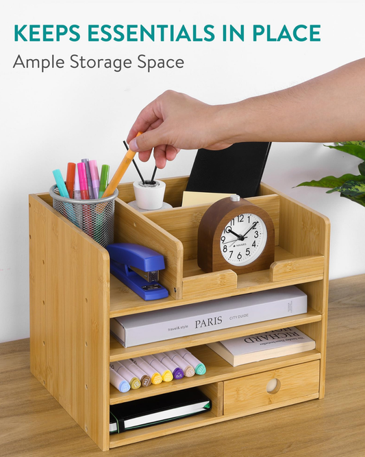 Bamboo Desk Organizer with Drawers and File Compartments
