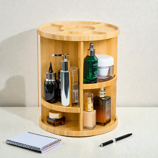 Rotating Bamboo Makeup Organizer 360° Adjustable Cosmetic Storage Carousel Large Capacity Vanity Holder