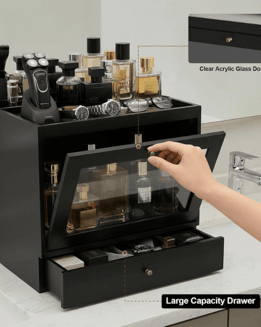 Wooden Cologne Organizer with Drawer and Clear Window